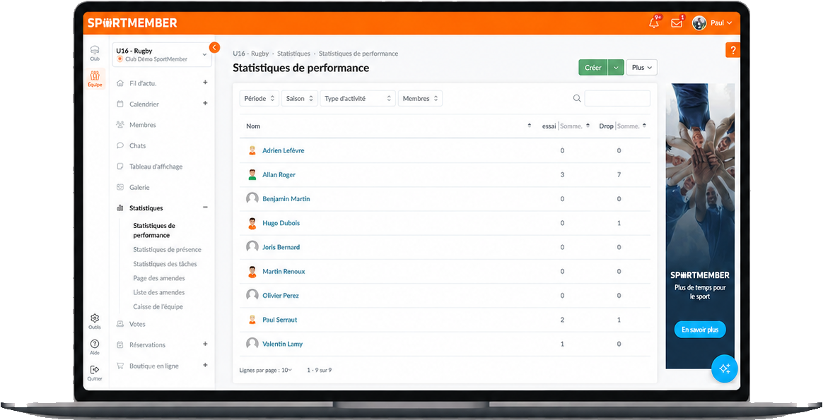 Statistiques de performance d'une équipe dans SportMember sur ordinateur